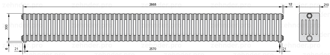Схема (чертеж) Радиатор Zehnder Charleston 6030/58 №3570 Белый глянцевый RAL 9016